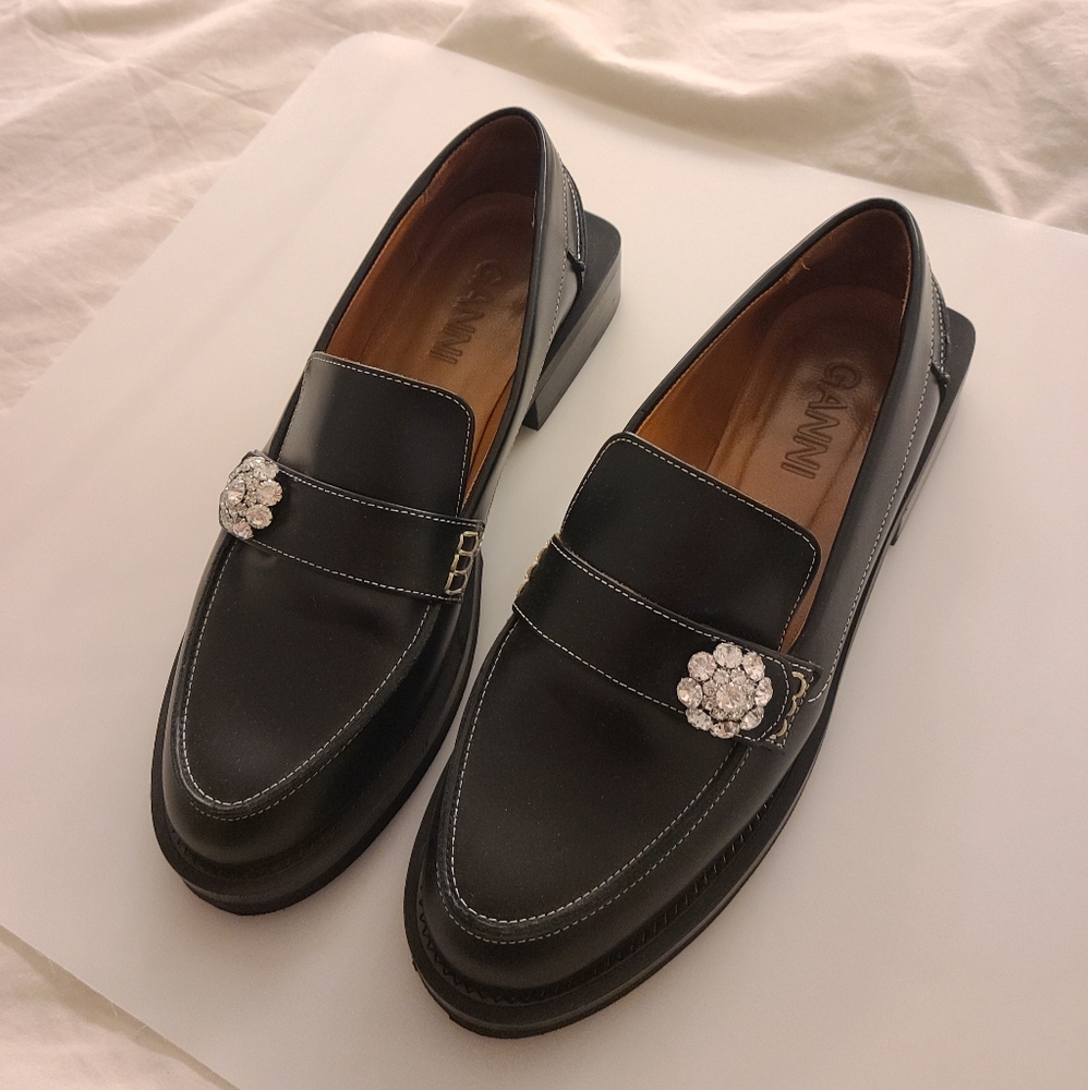 GANNI Black embellished jewel loafers